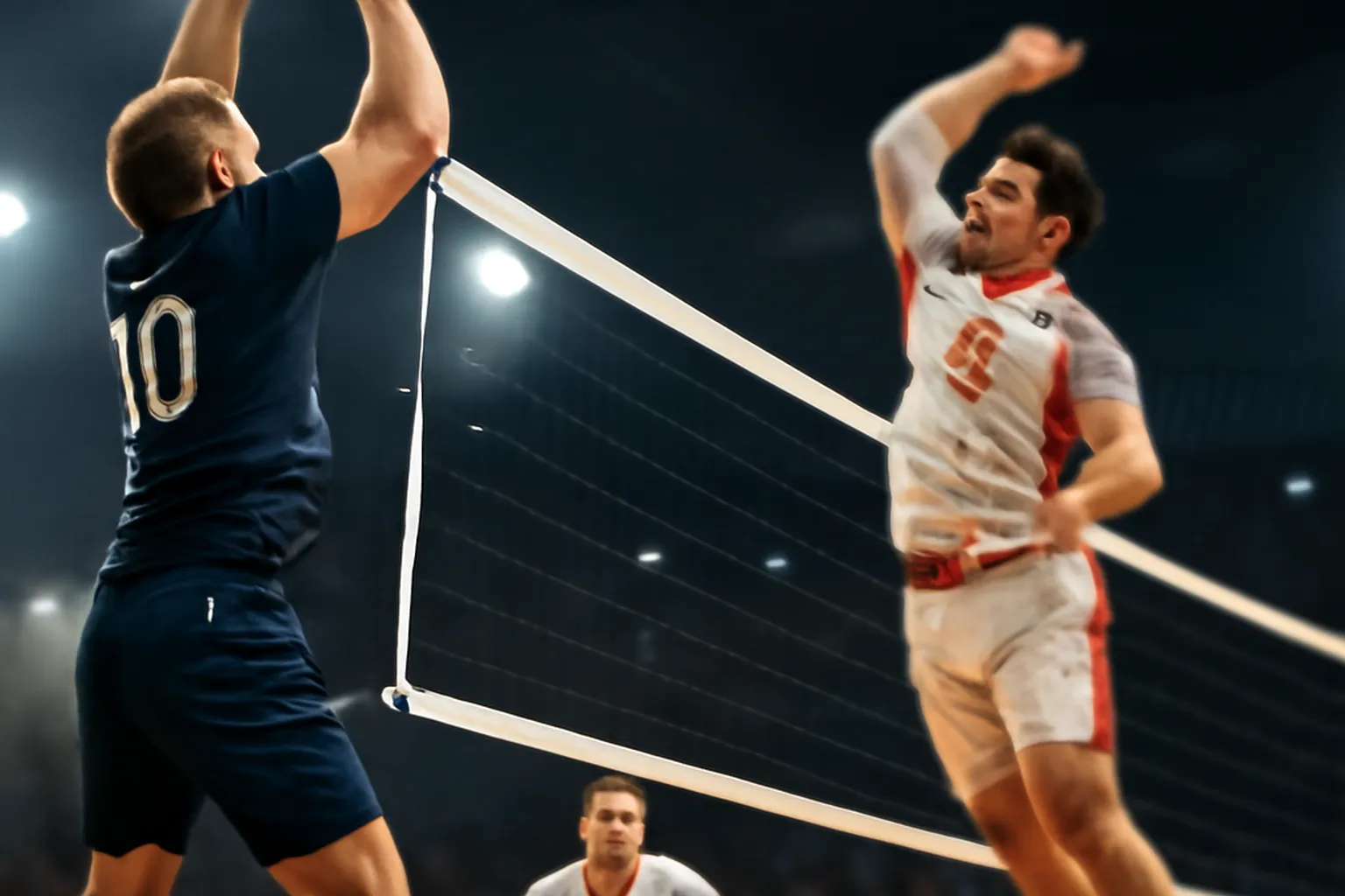 Scène de volley-ball avec joueurs polonais en action sur le terrain lors d'un match international
