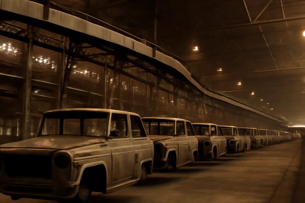 Atelier de production automobile dans une usine historique polonaise avec carrosseries en cours d'assemblage