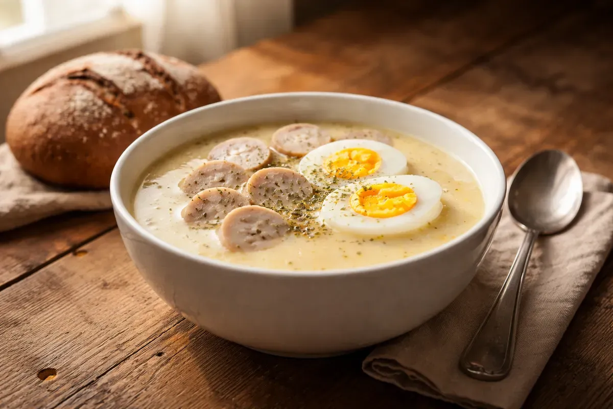 Bol de żurek blanc crème garni de rondelles de saucisse blanche et d'un demi-œuf dur, avec de la marjolaine, posé sur une table en bois