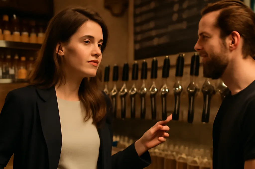 Jeune femme discutant avec le barman devant un choix de bières artisanales polonaises dans un bar de Varsovie