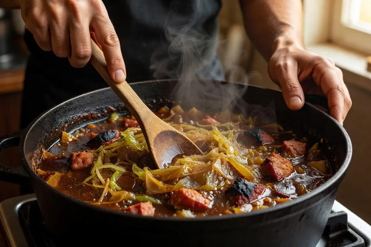 Mains remuant avec une cuillère en bois un bigos épais dans une cocotte, en préparation