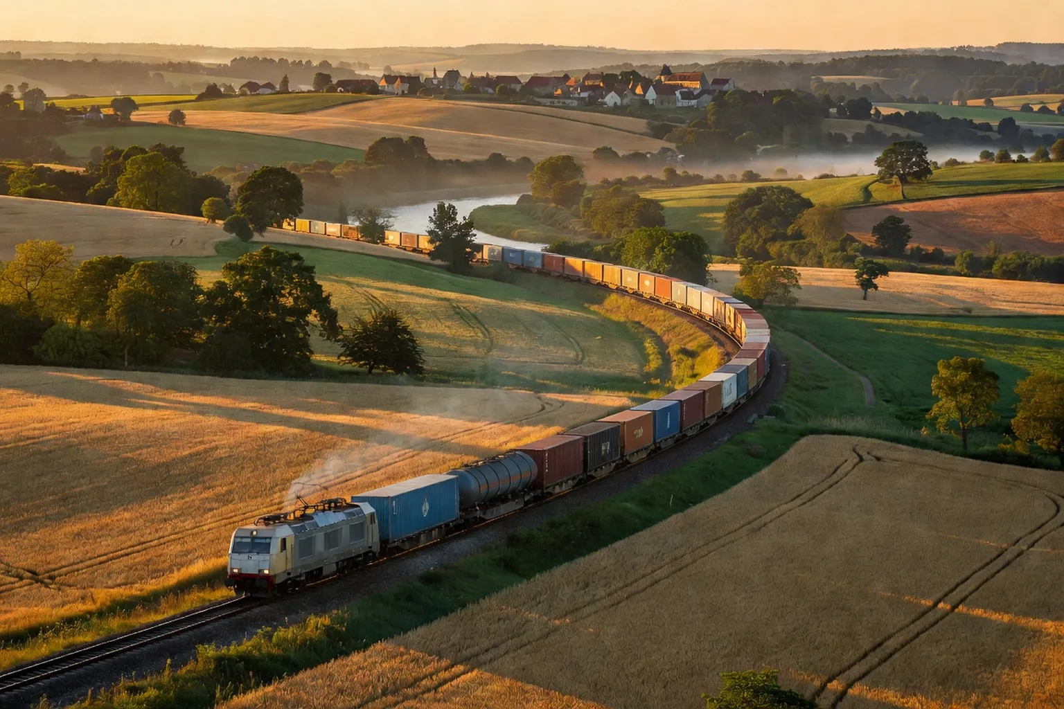 Train de fret traversant la campagne européenne au lever du soleil, transportant des marchandises entre la Pologne et la France