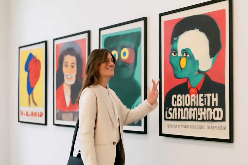 Jeune femme choisissant une affiche polonaise encadrée dans une galerie d'art lumineuse à Varsovie