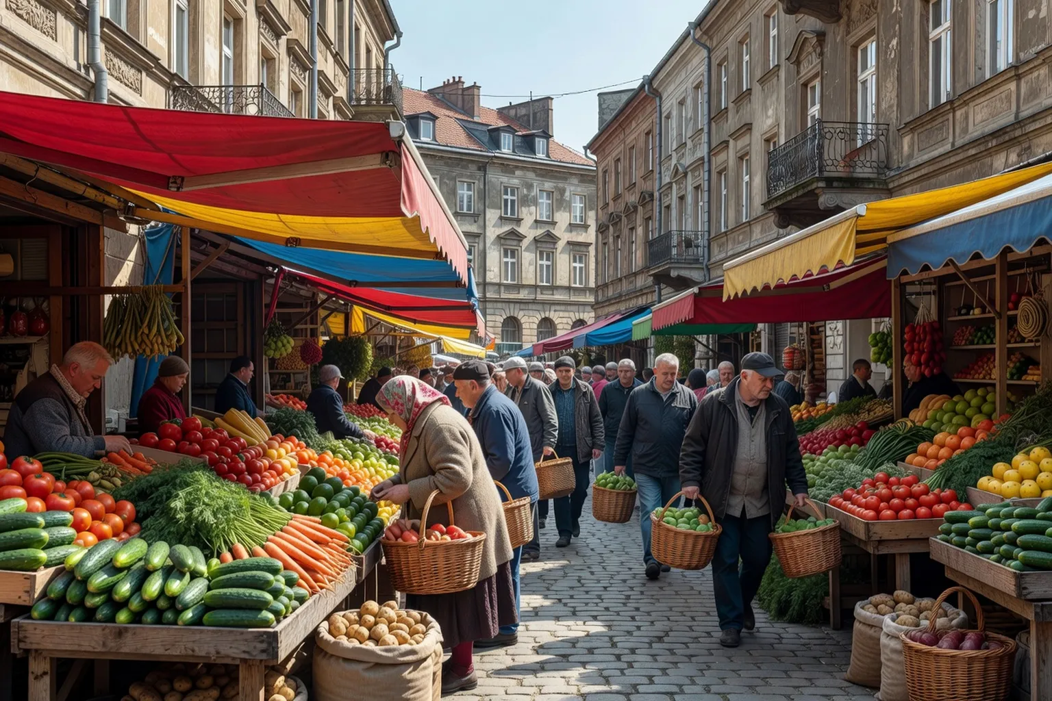 Marché coloré dans une rue commerçante polonaise avec étals et passants