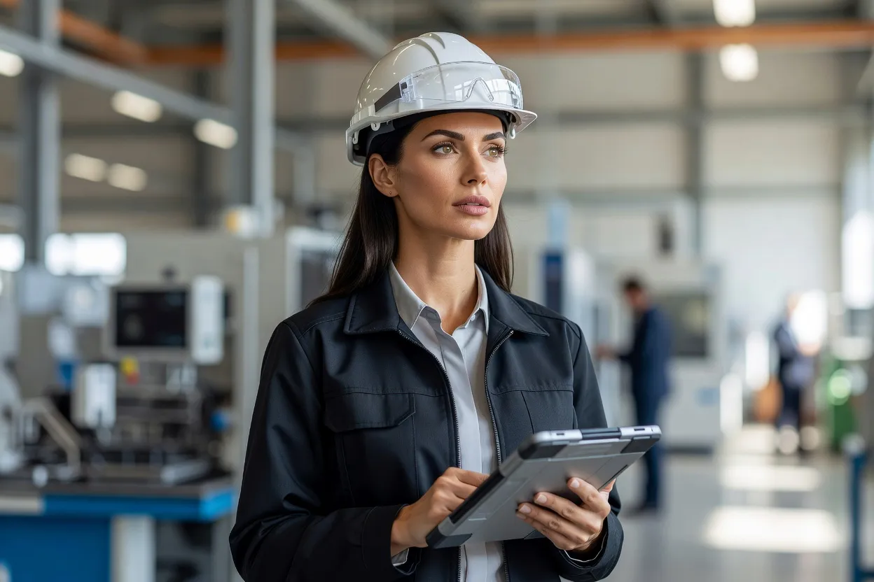 Ingénieure industrielle en casque de chantier blanc consultant une tablette devant une ligne de production dans une usine polonaise