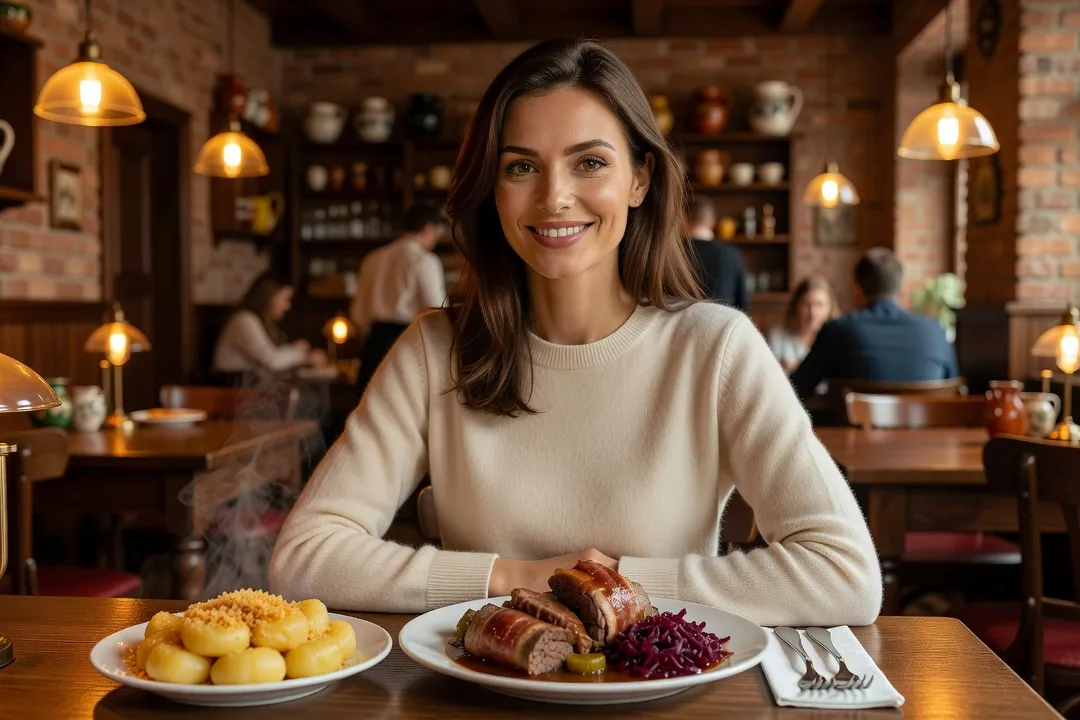 Jeune femme dégustant un plat traditionnel silésien, rolada et kluski śląskie, dans un restaurant chaleureux de Katowice