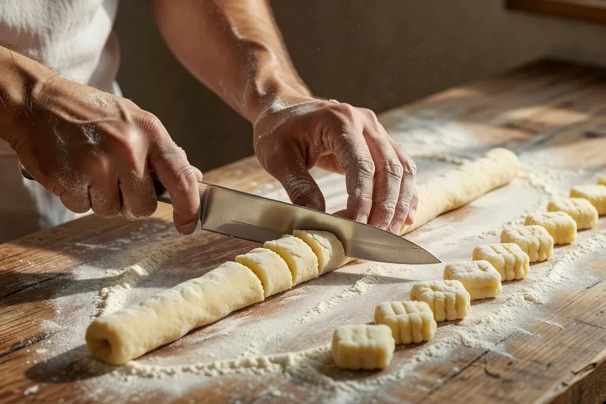 Mains coupant en biais un boudin de pâte de pommes de terre sur un plan de travail fariné