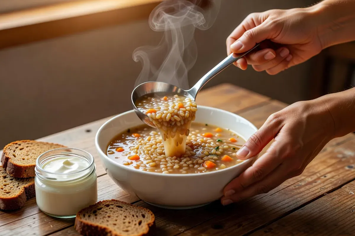 Mains versant une louche de krupnik fumant dans un bol, avec du pain de seigle et un pot de crème aigre sur la table