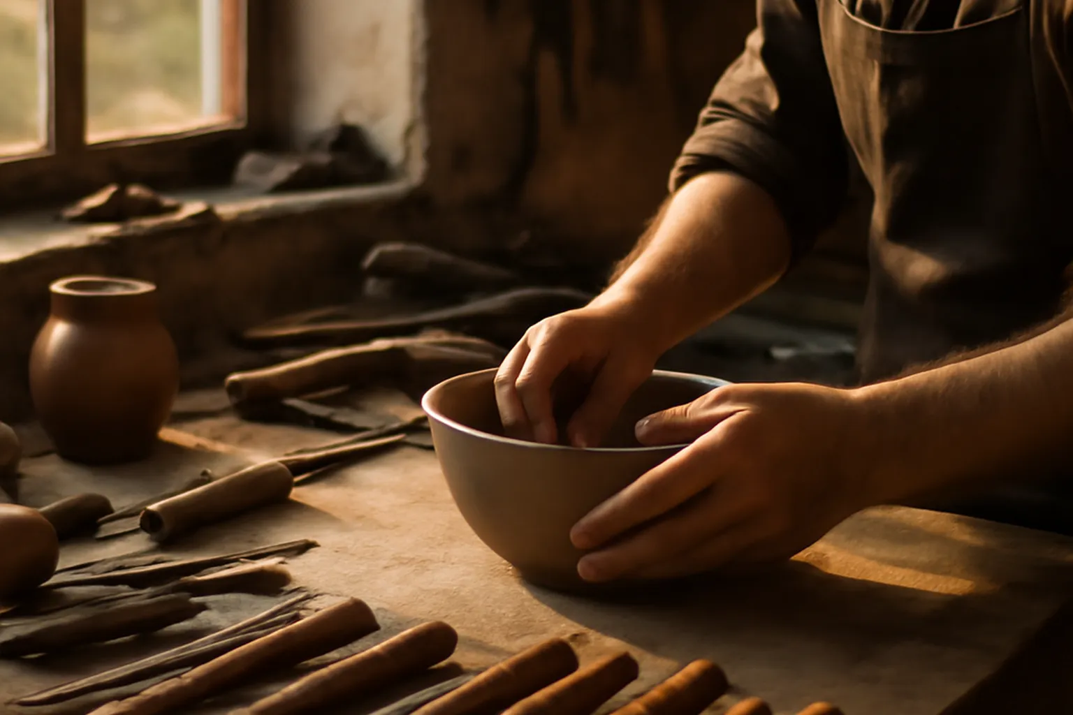 Artisan potier façonnant à la main un bol d'argile dans un atelier traditionnel de céramique