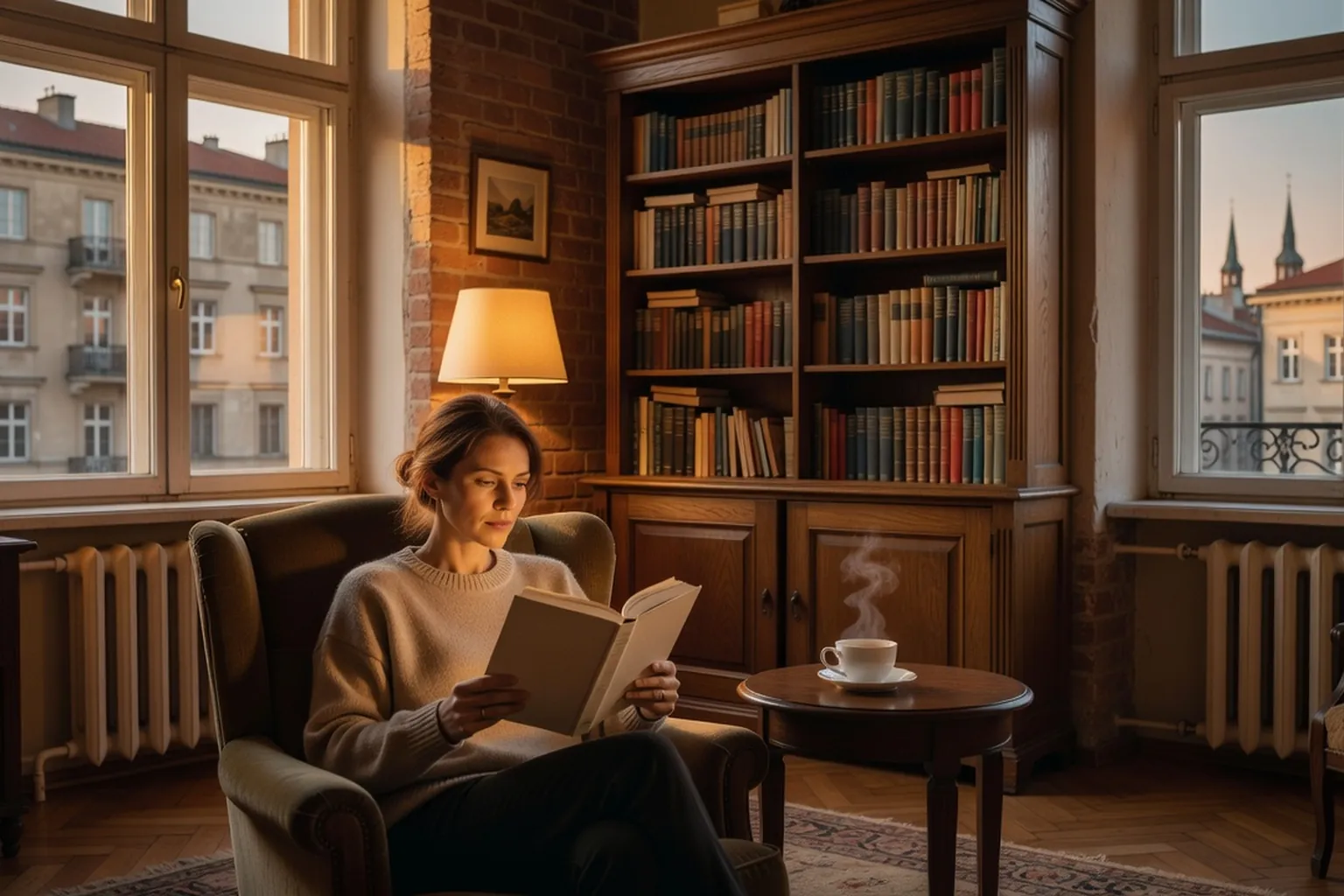 Femme lisant dans un fauteuil devant une grande bibliothèque dans un appartement chaleureux de Varsovie, tasse de thé sur une table d'appoint