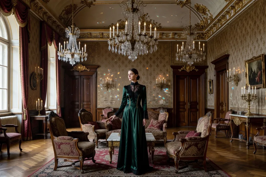 Jeune femme visitant l'intérieur richement décoré du Palais Poznański, ancienne résidence d'industriel reconvertie en musée à Łódź