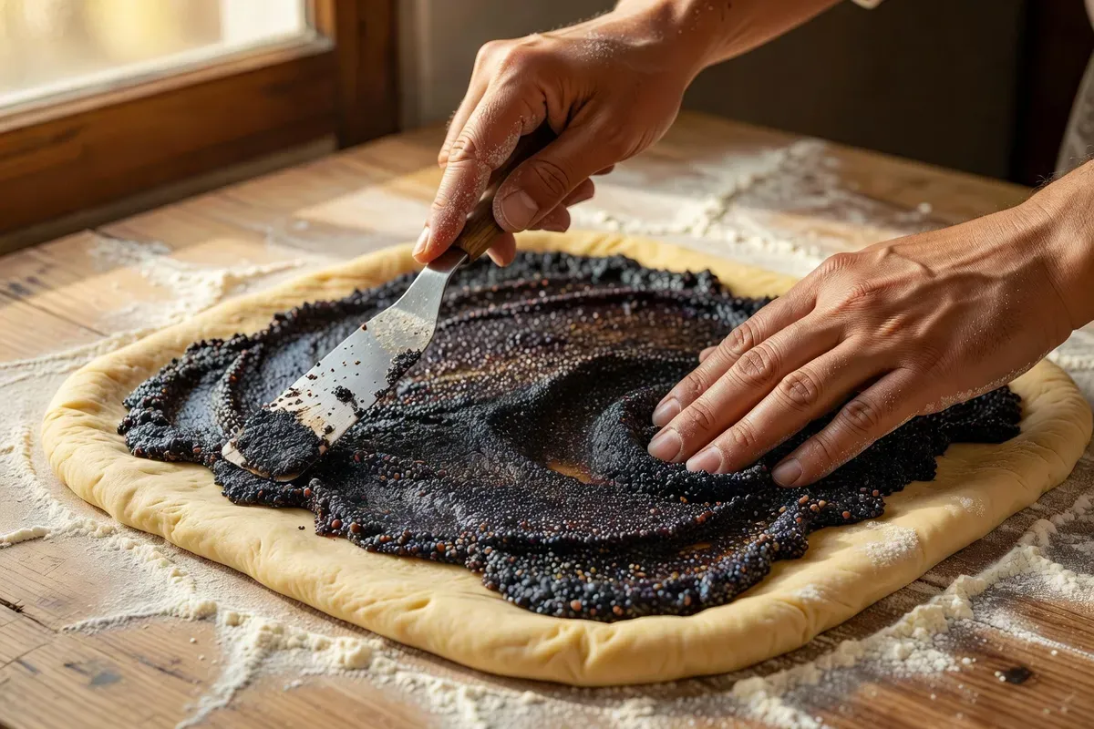Mains étalant une farce sombre de pavot sur un grand rectangle de pâte levée avant de la rouler