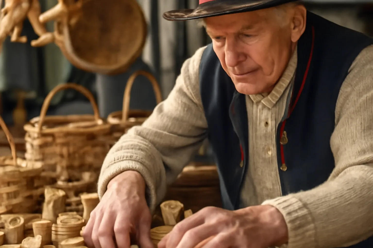 Vendeur artisan polonais en tenue traditionnelle proposant paniers en osier et objets en bois sur son étal de marché