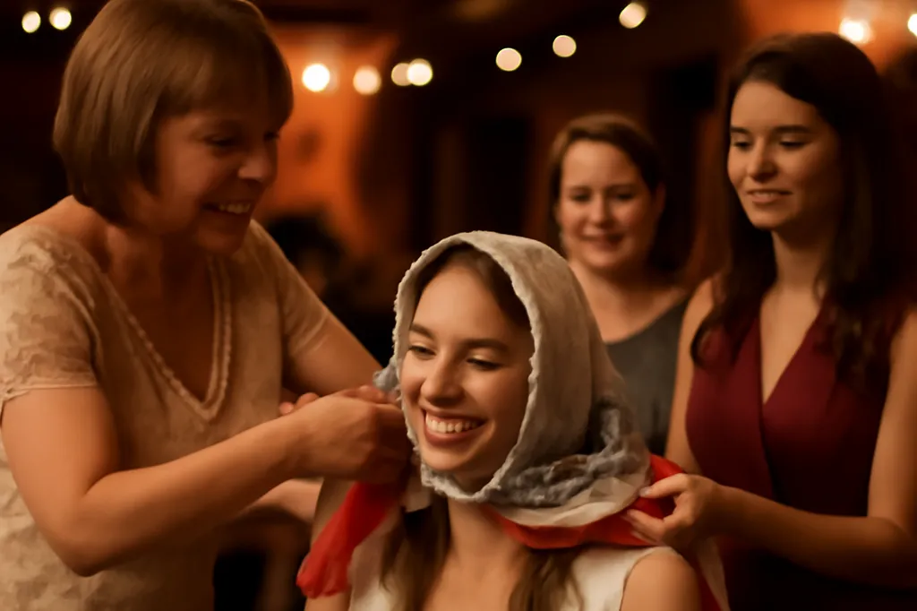 Cérémonie de l'oczepiny : la mariée reçoit un foulard traditionnel noué par les femmes mariées de sa famille