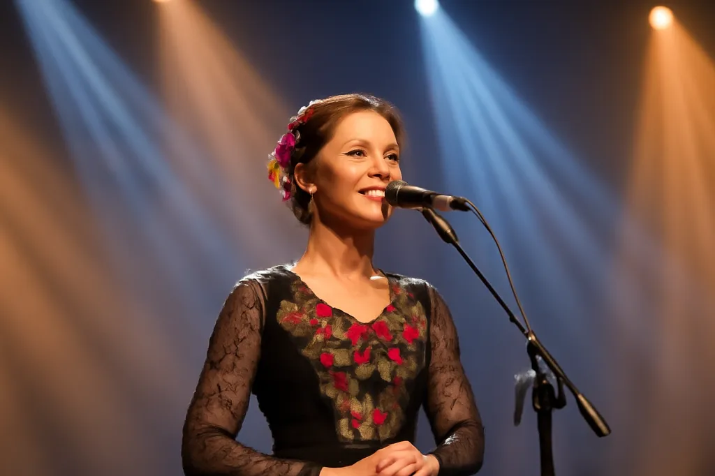 Chanteuse polonaise contemporaine se produisant sur scène lors d'un concert de folk revival, mêlant tradition et sonorités électroniques