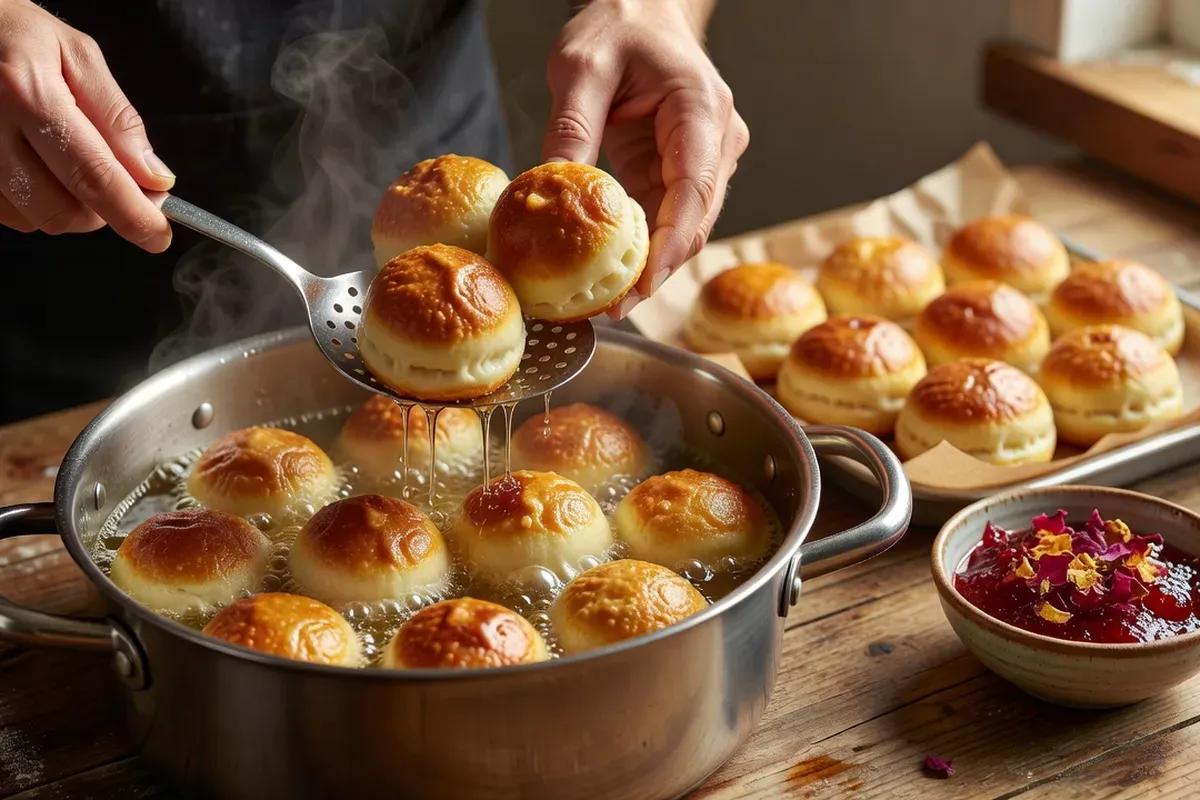 Mains sortant des pączki dorés d'une casserole de friture avec une écumoire