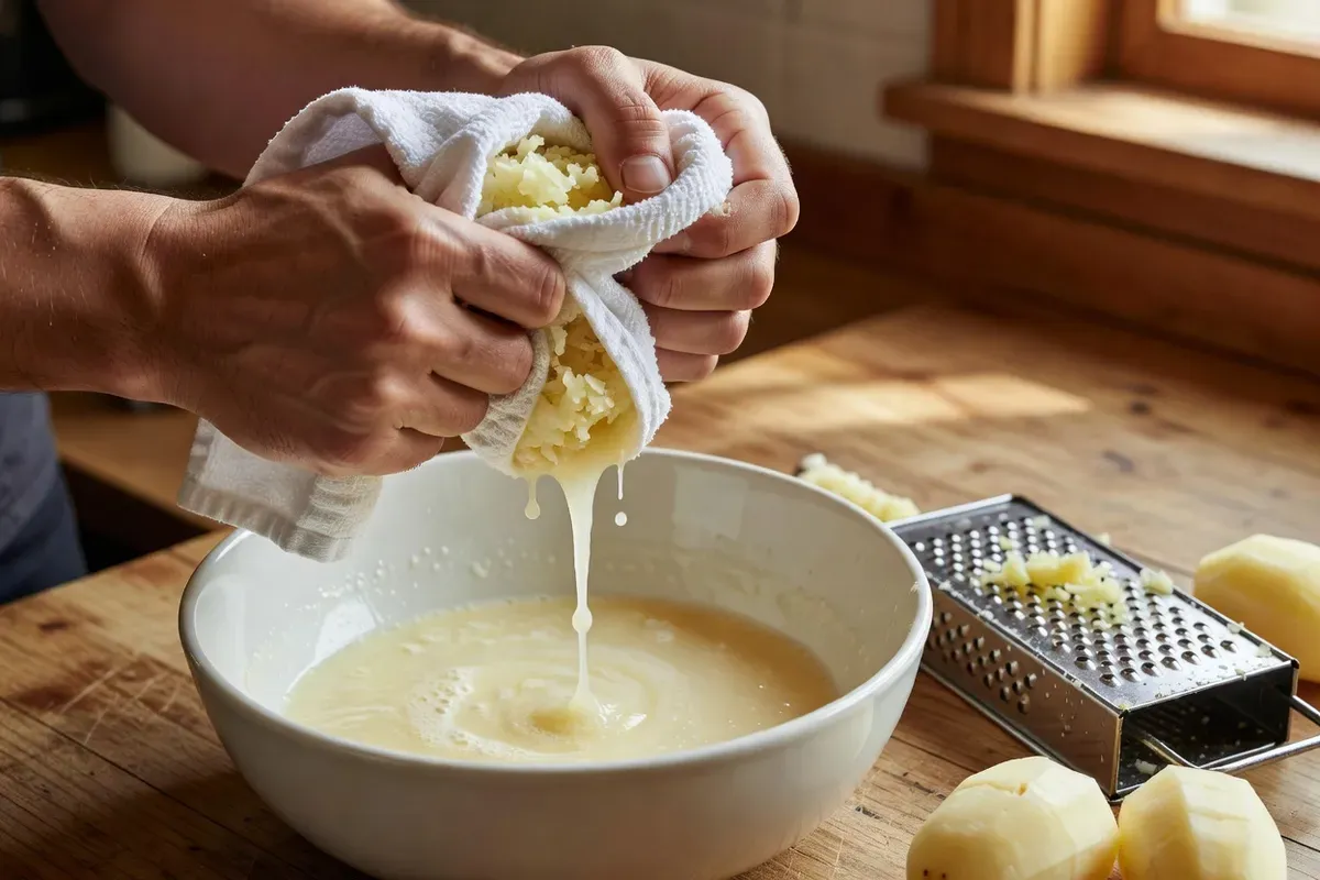 Mains pressant des pommes de terre râpées dans un torchon au-dessus d'un bol en céramique