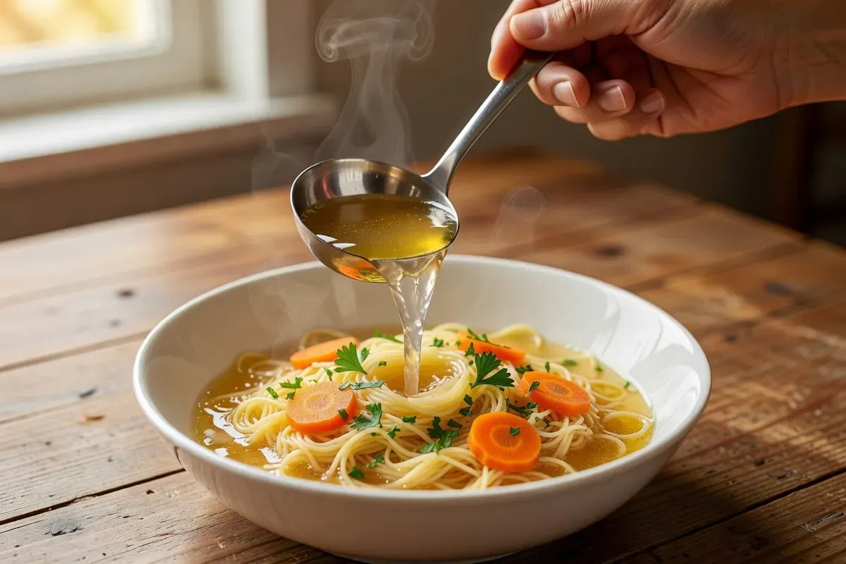 Mains versant une louche de bouillon doré sur des nouilles fines dans une assiette creuse, avec rondelles de carotte et persil ciselé