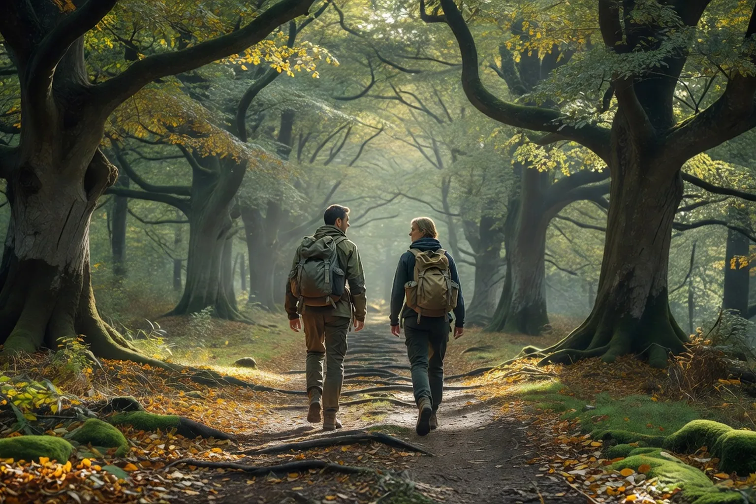 Deux randonneurs avec sacs à dos sur un sentier de forêt du parc national du Roztocze, grands hêtres et lumière douce du matin