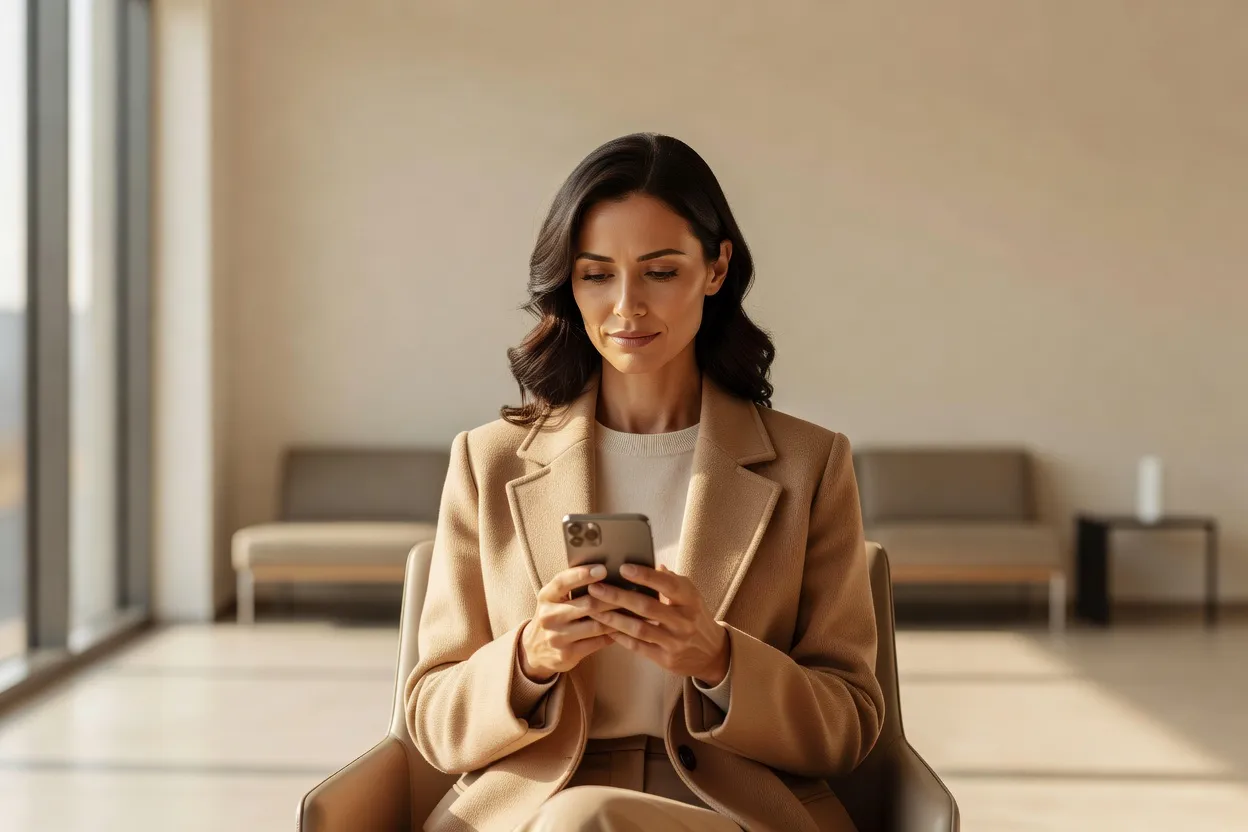 Femme élégante en manteau camel consultant son téléphone dans une salle d'attente médicale lumineuse