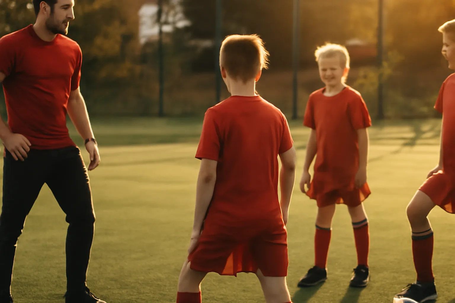 Entraîneur polonais encadrant de jeunes joueurs de football lors d'une séance d'entraînement en extérieur