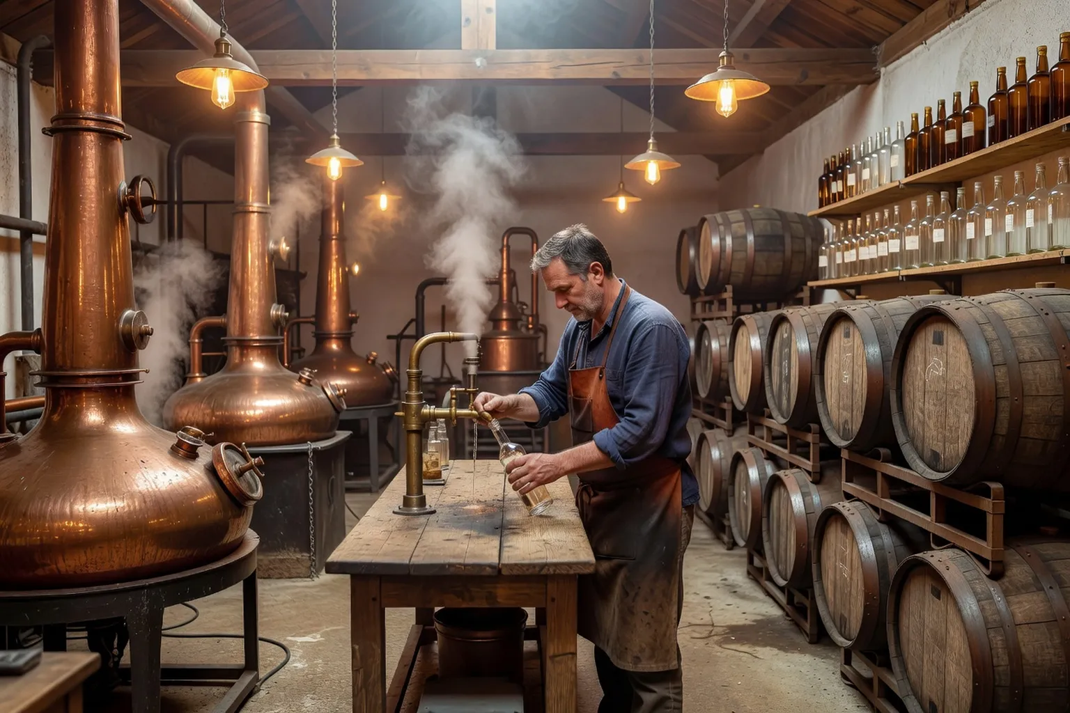 Distillateur polonais au travail parmi les alambics en cuivre et les fûts de vieillissement de sa distillerie artisanale