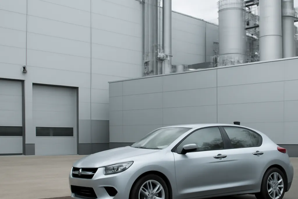 Voiture compacte moderne garée devant un bâtiment industriel en Pologne, illustrant la production automobile contemporaine