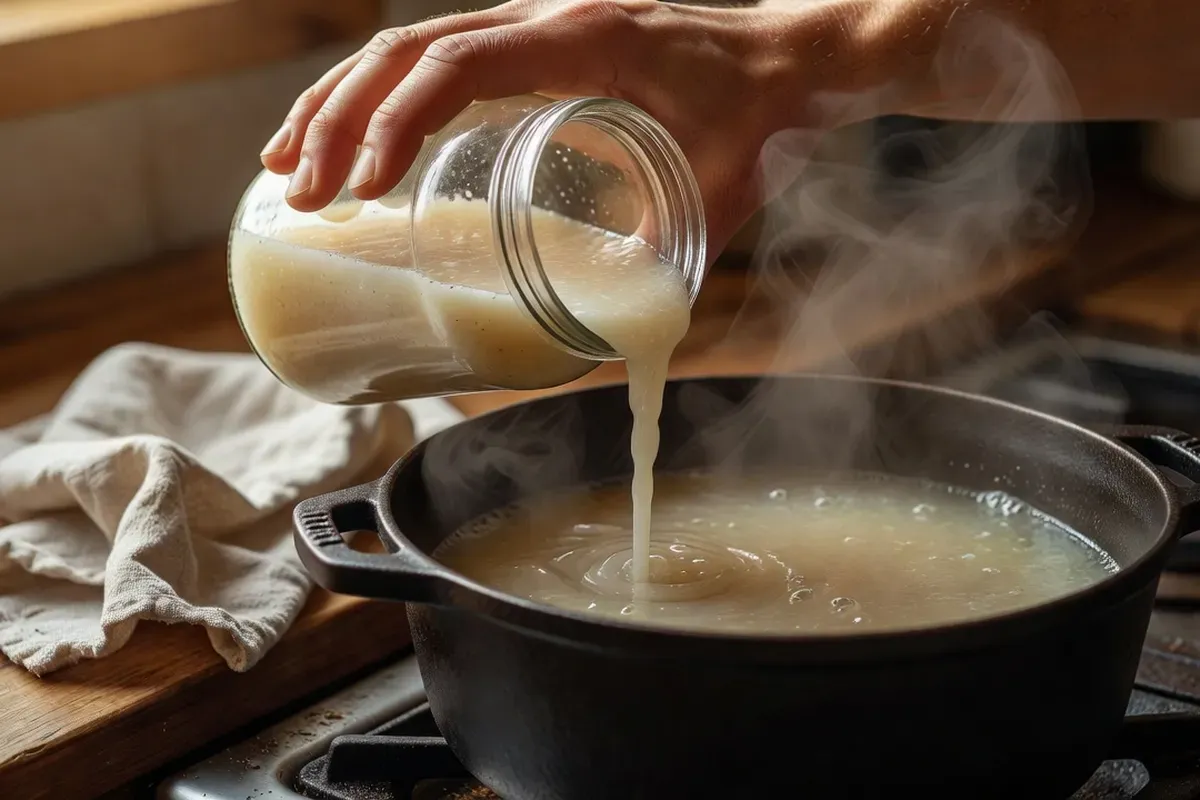 Mains versant un levain de seigle trouble d'un bocal en verre dans une casserole de soupe fumante