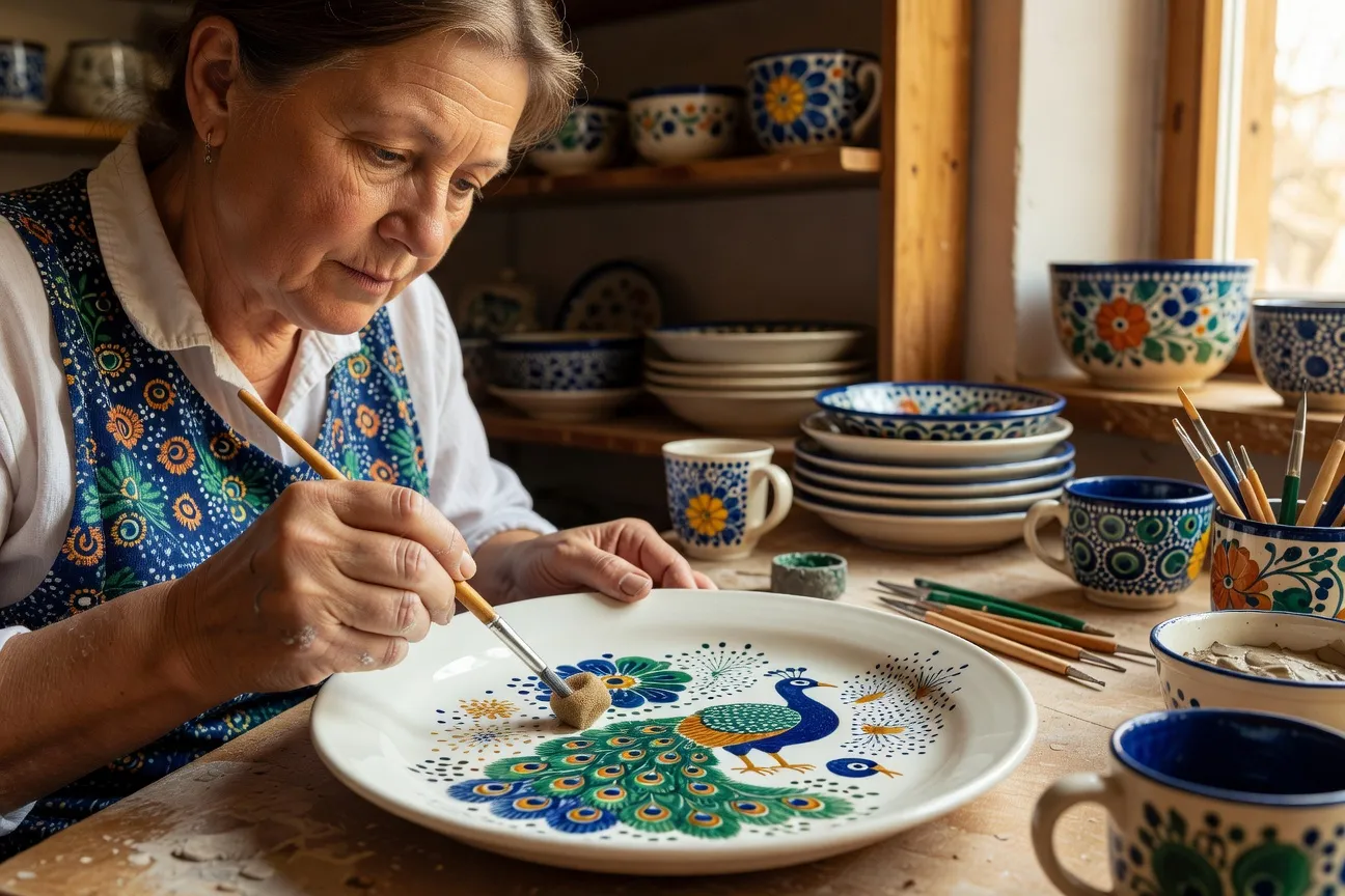 Atelier de peinture artisan poterie Boleslawiec gros plan main et pinceau