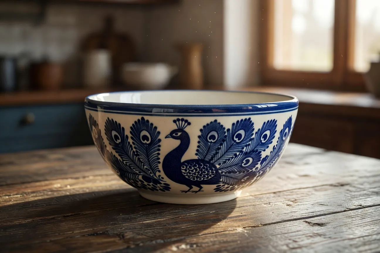 Bol de poterie de Bolesławiec gros plan motif paon bleu et blanc sur fond bois rustique