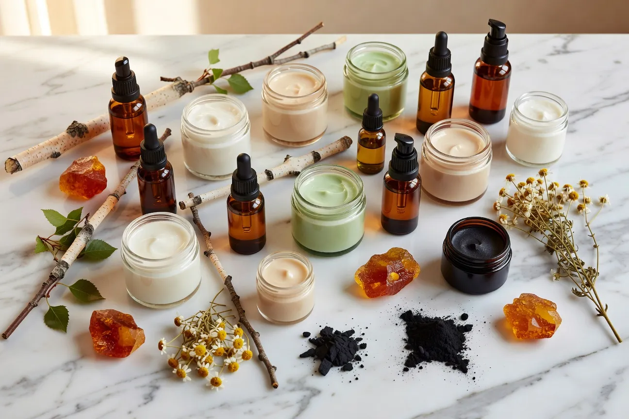 Sélection de cosmétiques polonais naturels avec ingrédients botaniques comme l'ambre et le bouleau