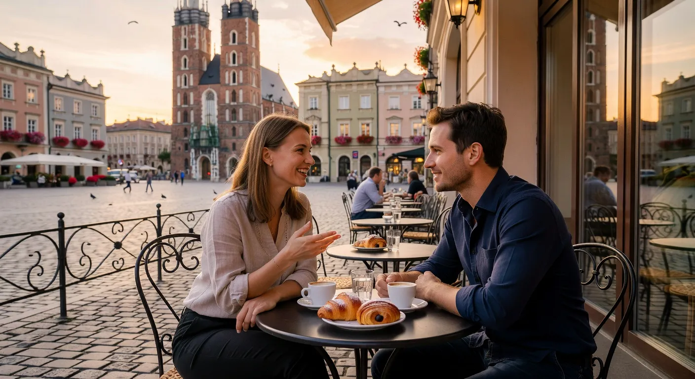 Couple franco-polonais Cracovie café terrasse soleil discussion