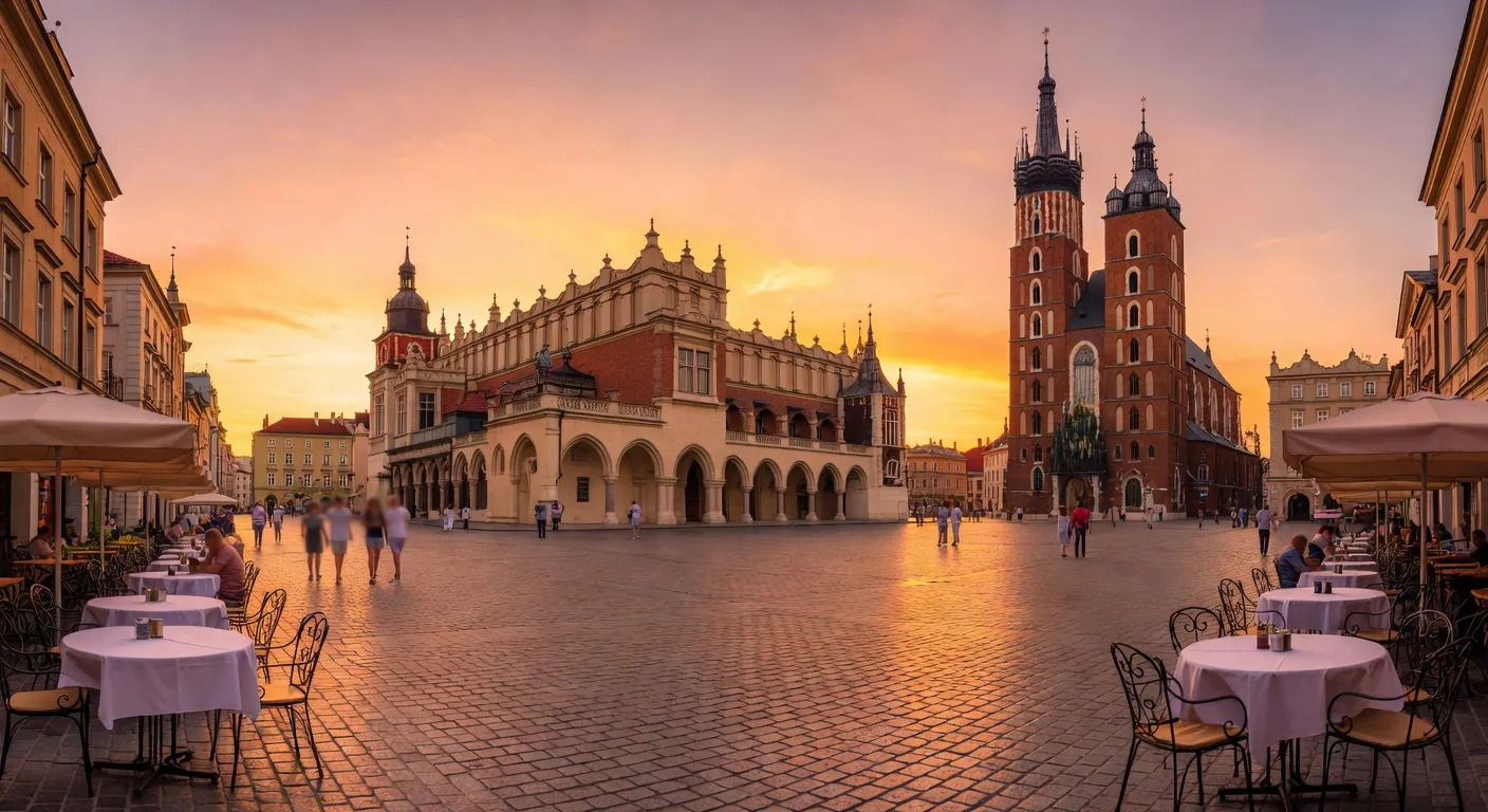 Place du marché Rynek Główny à Cracovie au coucher du soleil avec la basilique Sainte-Marie