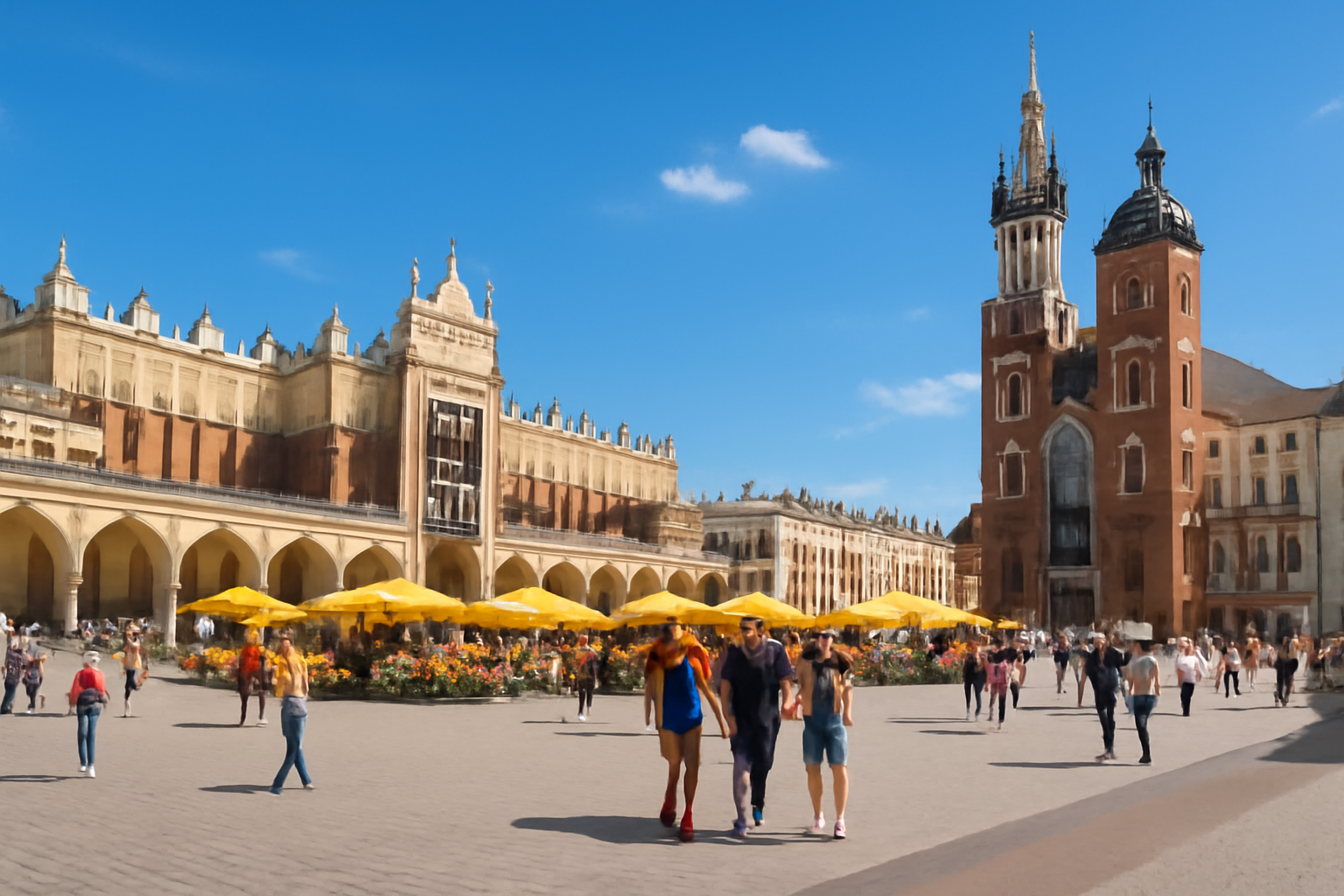 Panorama de la vieille ville de Cracovie avec la basilique Sainte-Marie et la place du marché