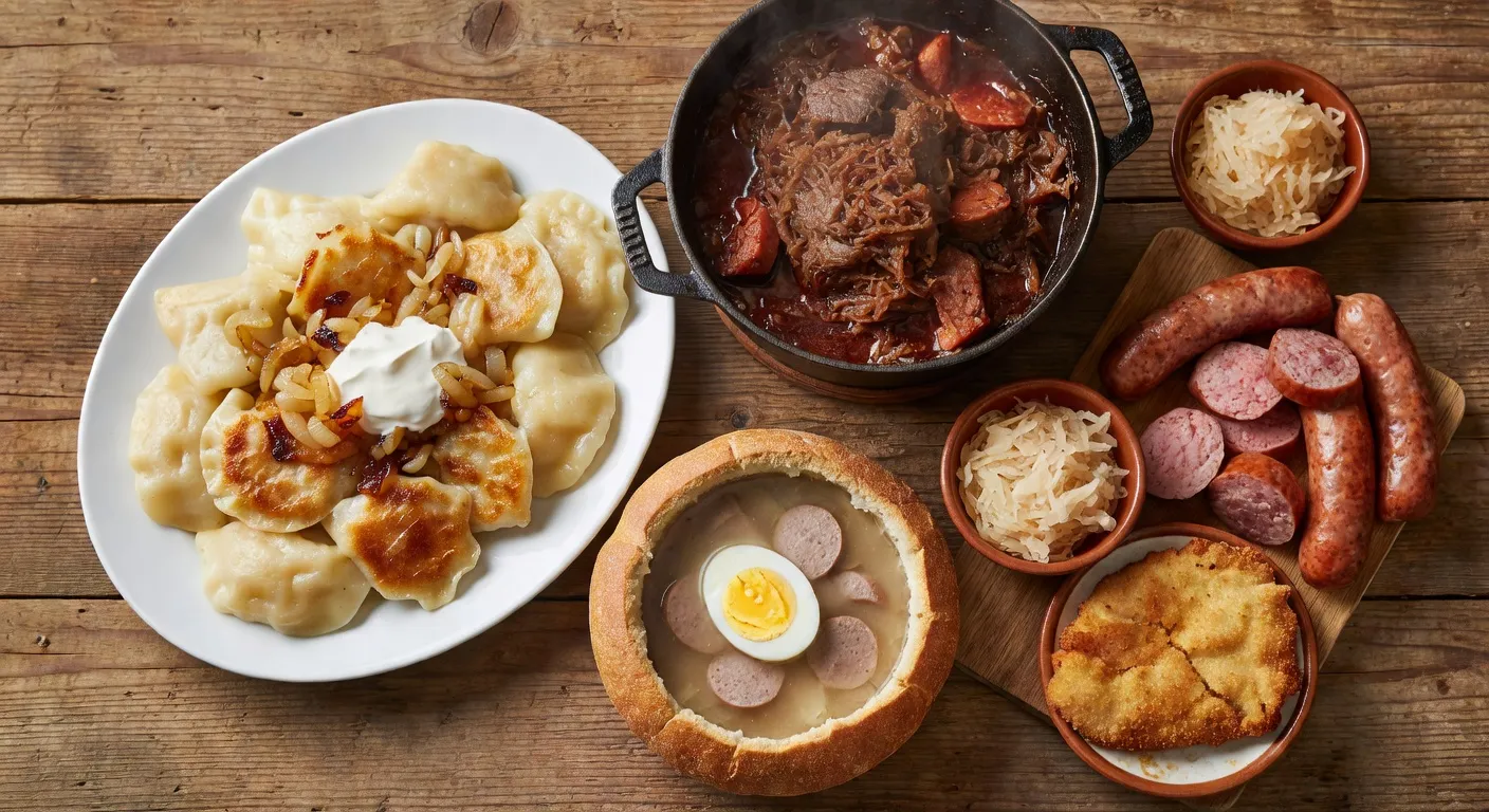 Table polonaise traditionnelle avec une sélection de plats : pierogi, bigos, żurek et kielbasa