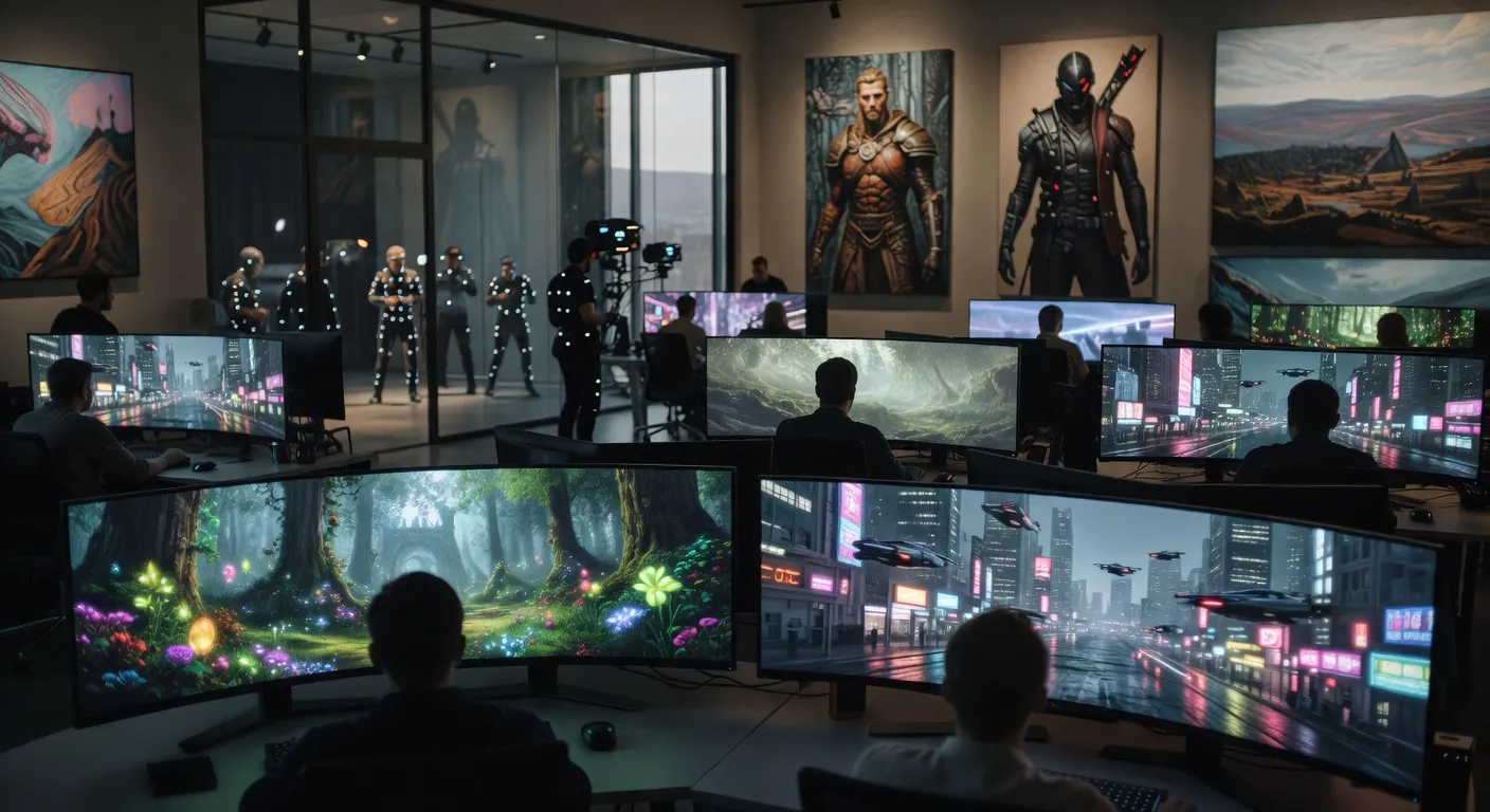 Studio de développement CD Projekt Red à Varsovie avec écrans affichant les projets Witcher 4 et Cyberpunk