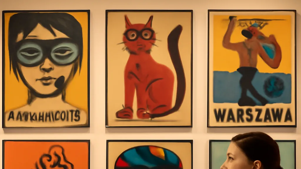 Jeune femme observant une collection d'affiches polonaises vintage aux couleurs vives exposées dans une galerie