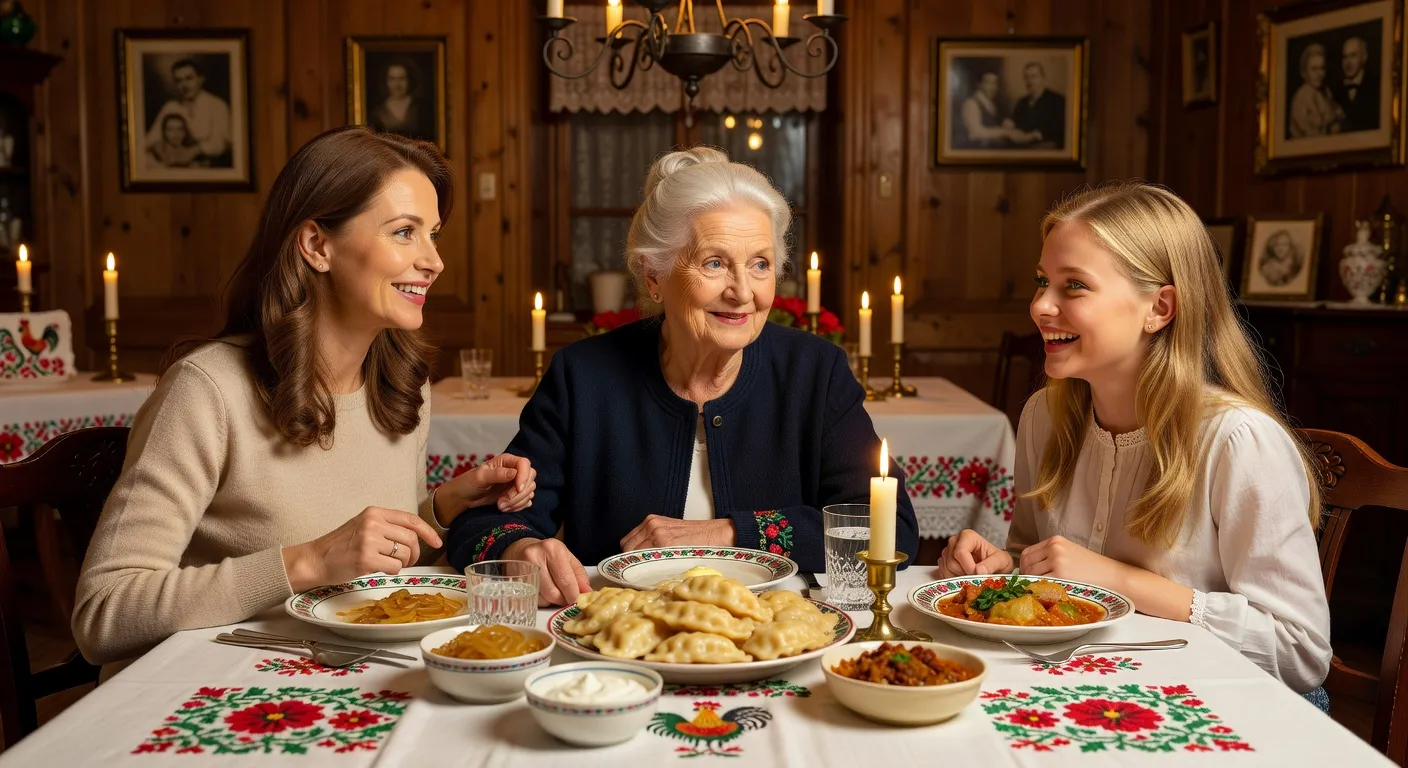 Fete de famille polonaise avec trois generations autour d une table traditionnelle