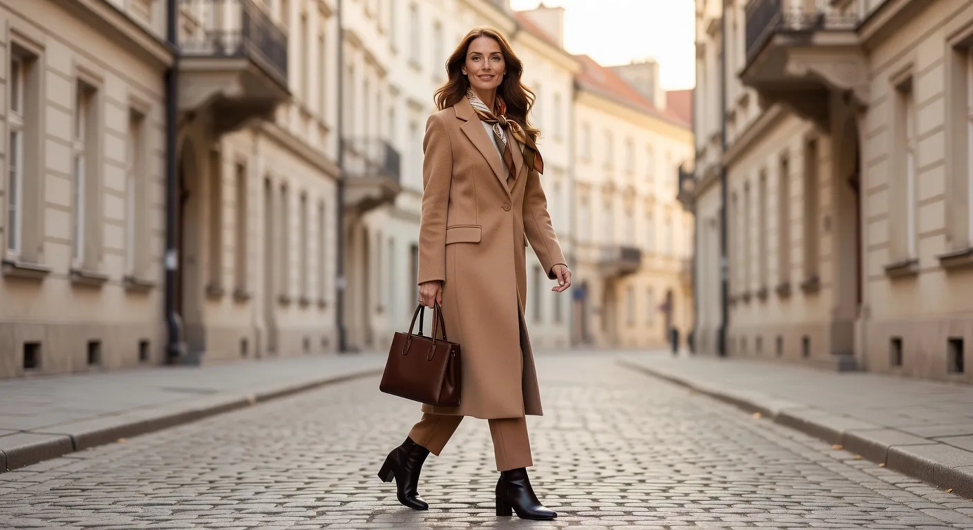 Femme polonaise elegante dans une rue de Varsovie avec manteau en cachemire