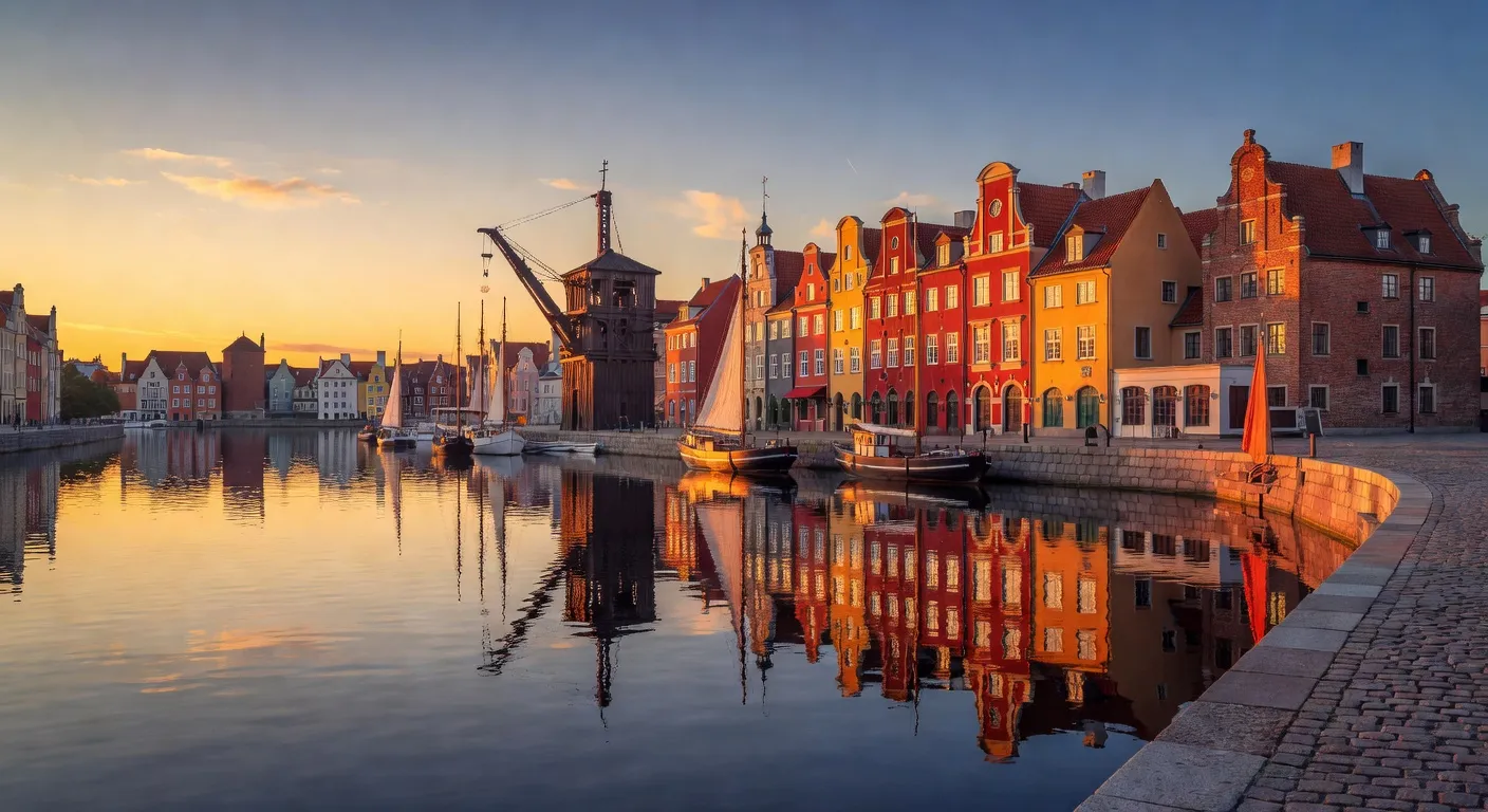 Façades colorées de la vieille ville de Gdańsk au bord de la Motława avec les bateaux historiques