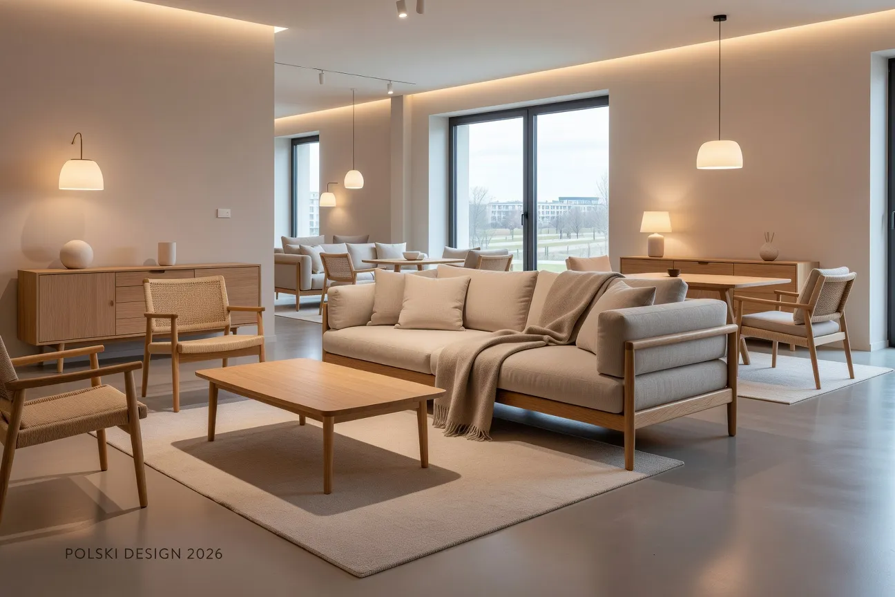 Showroom de meubles polonais modernes avec canapé en tissu naturel et table en bois massif, intérieur scandinave épuré 2026