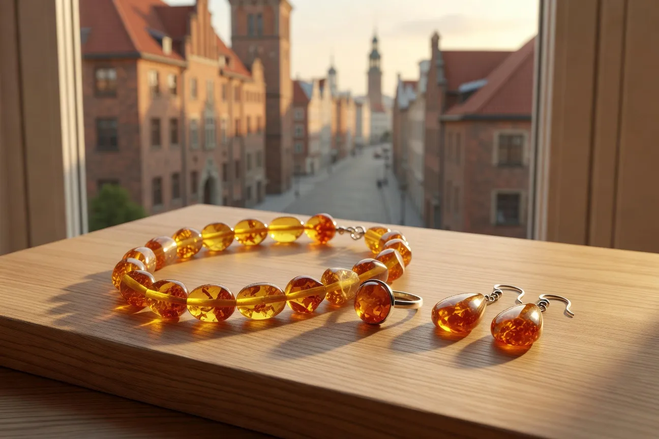 Collection de bijoux en ambre baltique dorés — collier et bague sur fond de bois clair avec Gdańsk en arrière-plan flou