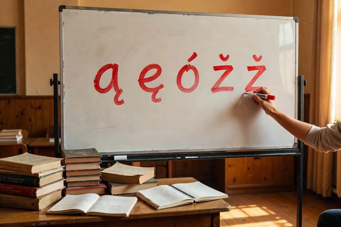 Tableau blanc avec l'alphabet polonais écrit en rouge (ą ę ó ź ż), main d'un étudiant qui écrit, ambiance cours de langue conviviale