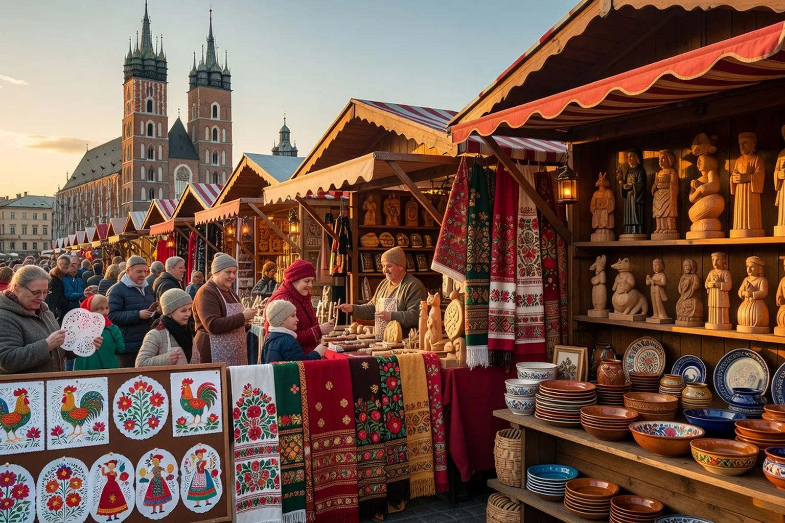 Marché artisanal polonais à Cracovie : wycinanki, broderies, sculptures sur bois et poteries traditionnelles