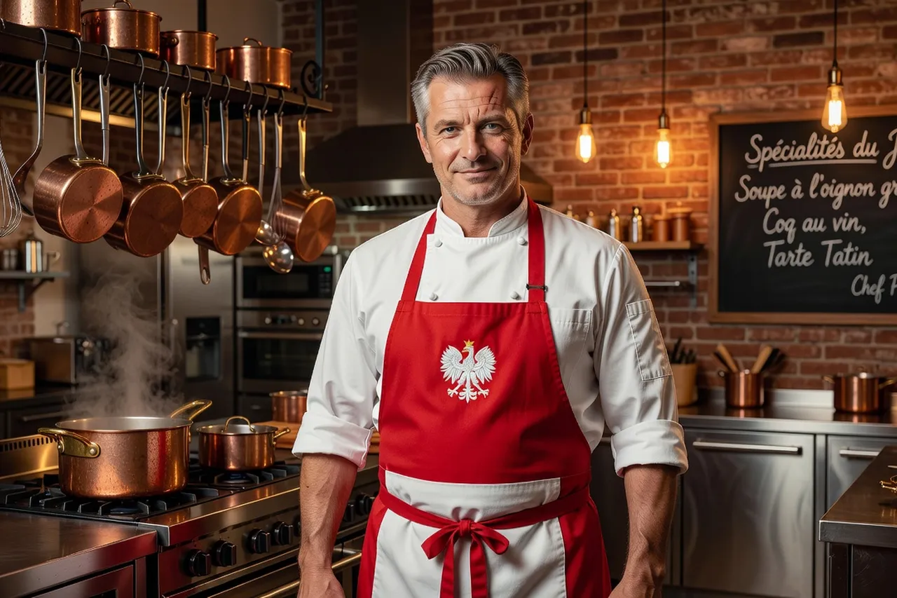 Andrzej Kowalski, chef polonais en tablier blanc et rouge, dans sa cuisine de restaurant parisien