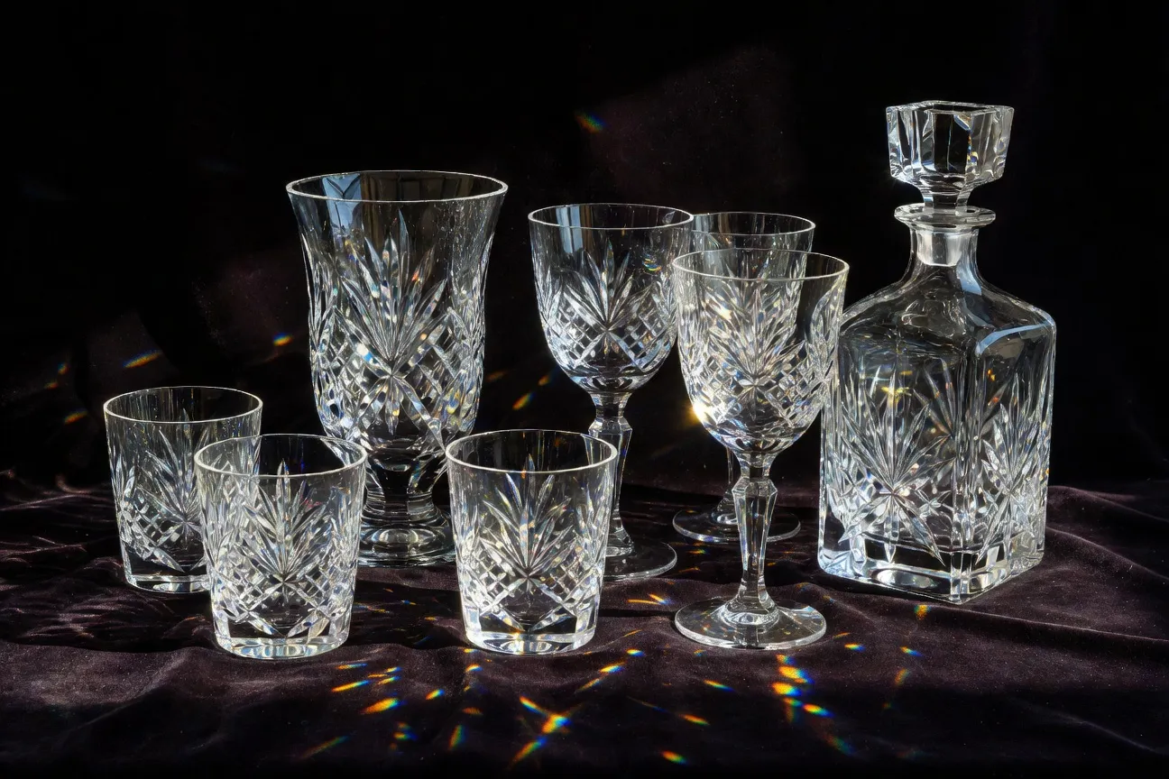 Service de cristal polonais taillé sur fond sombre avec lumière qui traverse le cristal créant des éclats lumineux spectaculaires