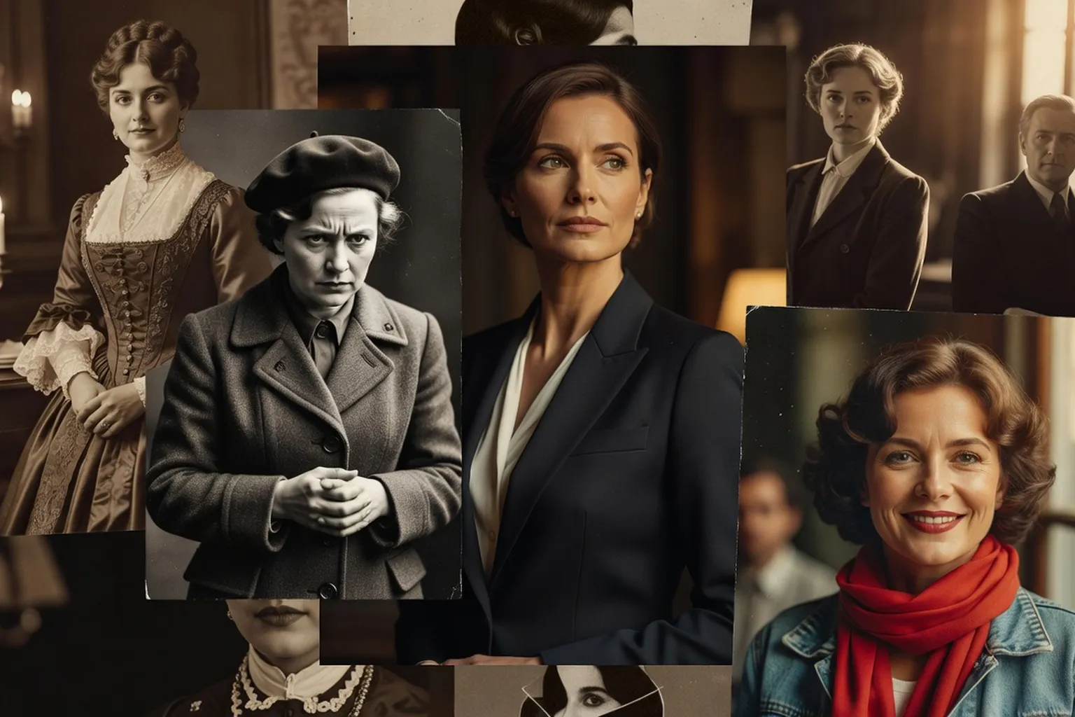 Collage de portraits de femmes polonaises célèbres à travers les époques, style magazine