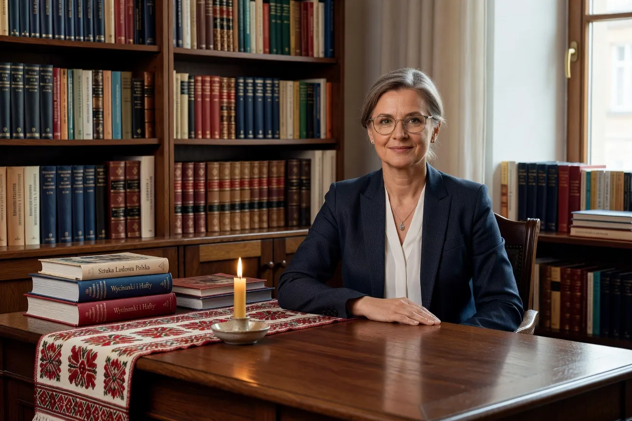 Barbara Kowalczyk, historienne du folklore polonais, bureau académique avec livres de folklore et chandelier