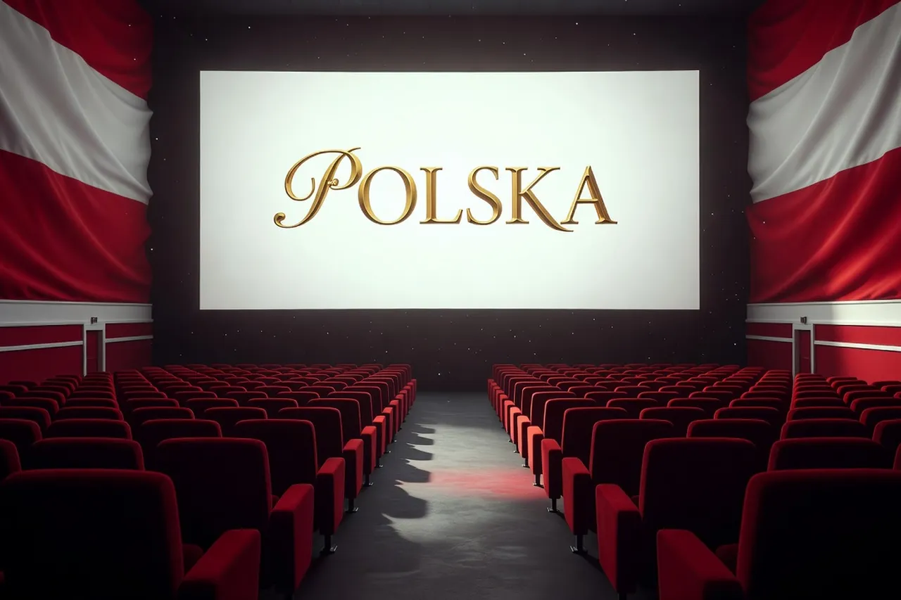 Salle de cinéma stylisée avec écran affichant les couleurs rouge et blanc de la Pologne, ambiance cinéphile