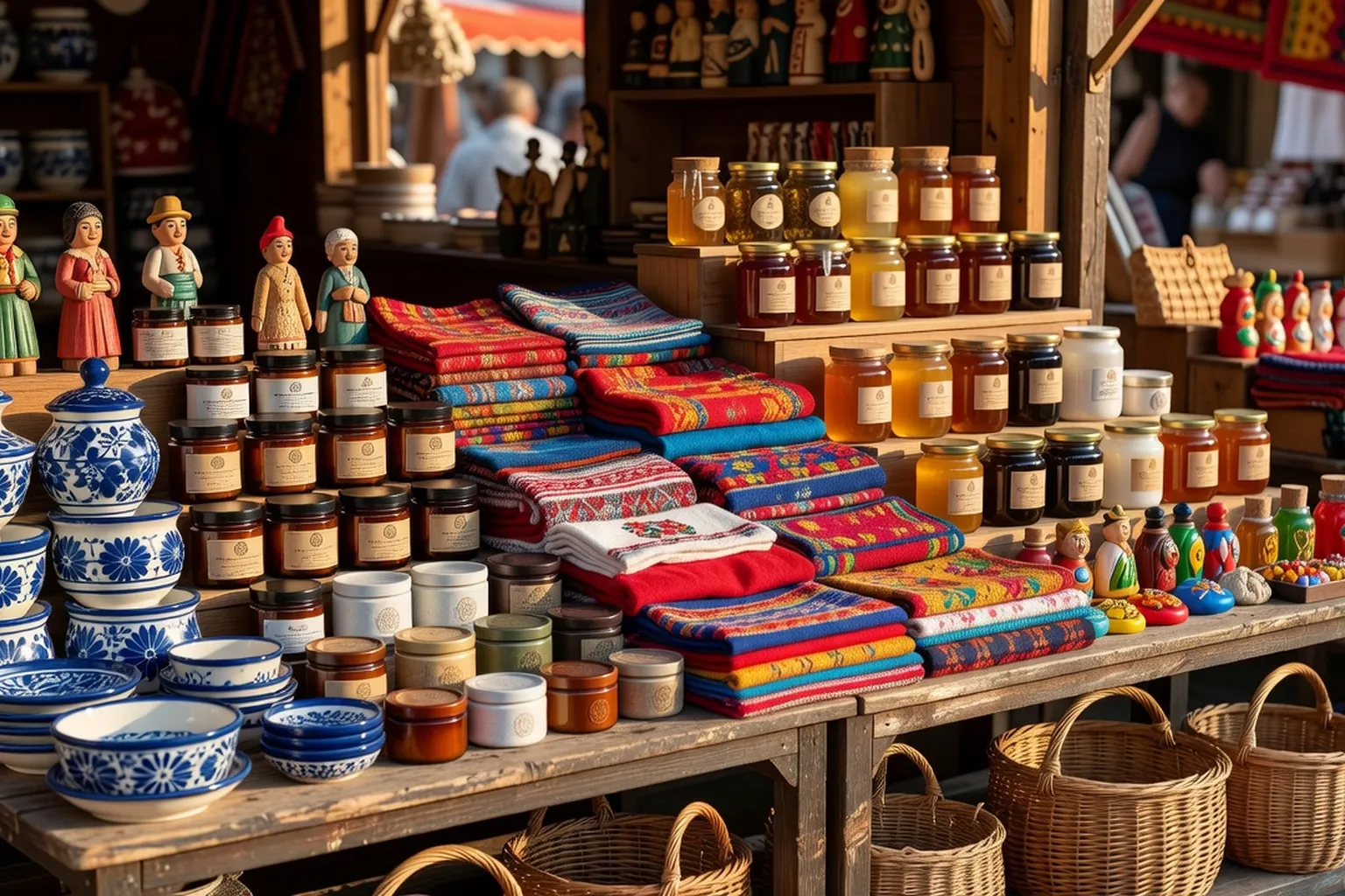 Étals de produits polonais authentiques : céramique, cosmétiques et textiles d'un marché artisanal